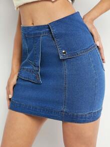 Denimoi Asymmetric Overlay Mini Bodycon Denim Skirt - Medium Wash - View 4