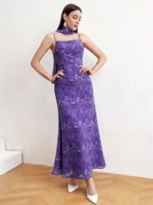 Modelyn 女性連身裙上掛有絲巾,魚尾搖搖帶水染色 - 紫色 - 查看 5