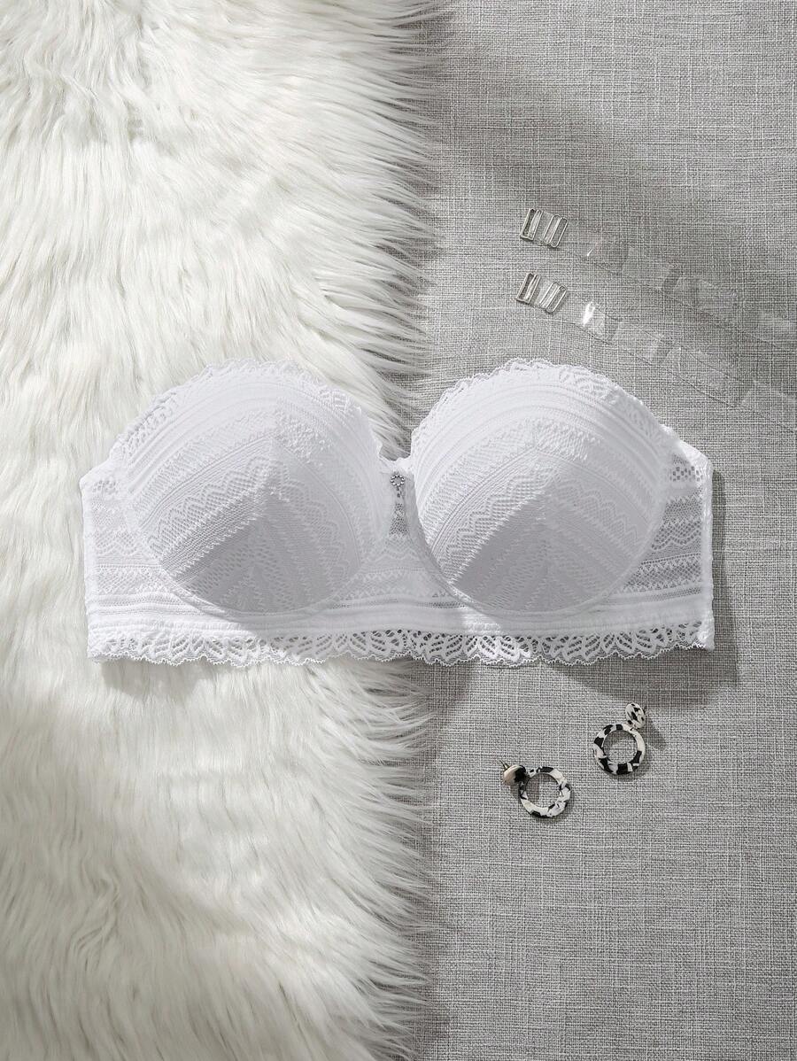 大码女士白色蕾丝文胸，防滑、防脱硅胶条、聚拢、带钢圈，1 件 - 白色 - 查看 1