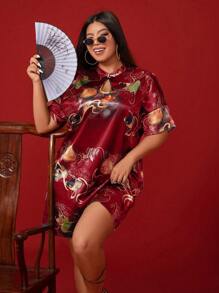 SHEIN Clasi Plus Size Women's Traditional Chinese Style Cheongsam Dress With Koi Fish Print - Red - View 3