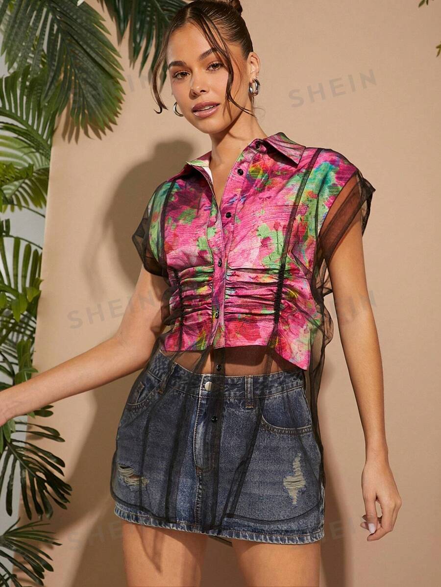 SHEIN Unity Top con botones, estampado y superposición de malla fruncida - Multicolor - Ver 1