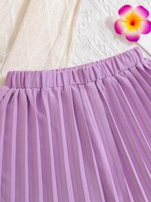 SHEIN Cô gái Tween Xếp li Lỏng lẻo phù hợp Giải trí Quần short , Dệt , Màu thuần , Cho mùa xuân Và Mùa hè Kỳ nghỉ - Màu tím - Xem 3