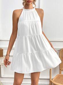 SHEIN Frenchy Đầm Nút viền lá sen Viên lá sen phân lớp màu trơn Dễ thương - trắng - Xem 5