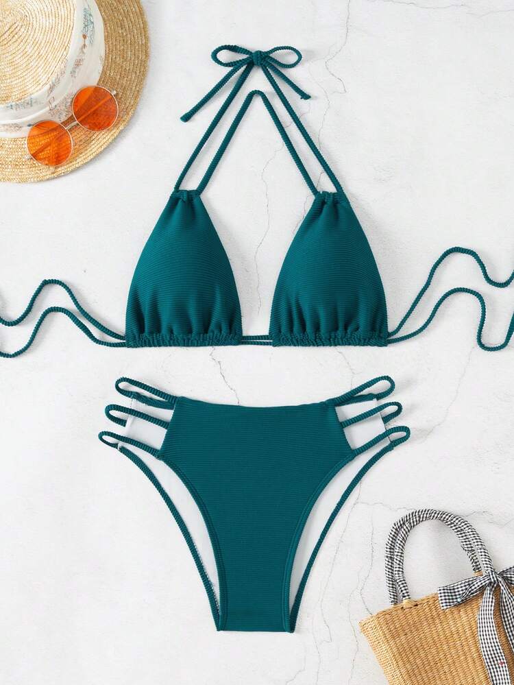 Women's Solid Color Halter Strap Separated Bikini Set Summer Beach