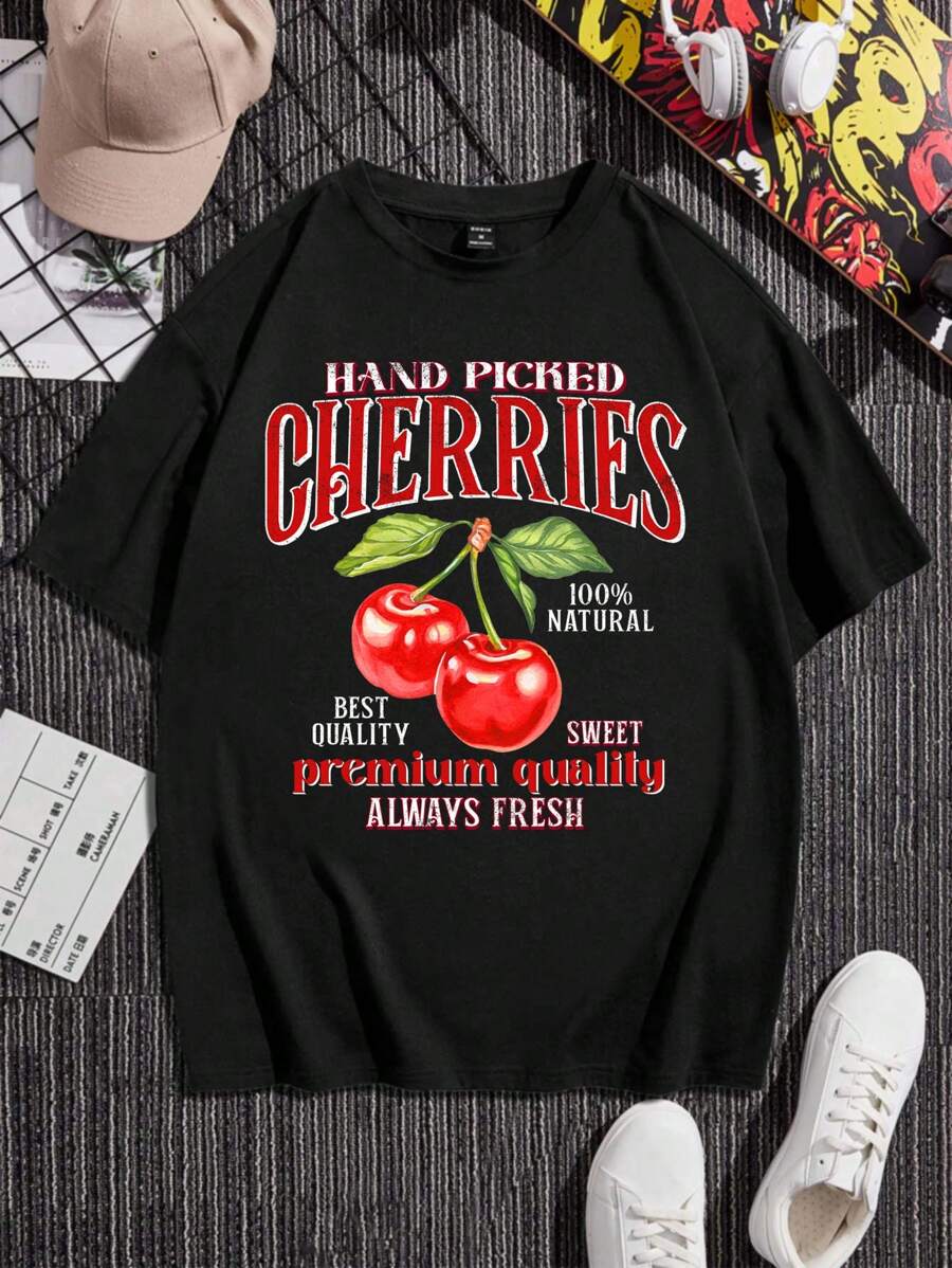 Manfinity EZcore 大码男式黑色针织圆领趣味樱桃图案短袖 T 恤，男友礼物，适合外出