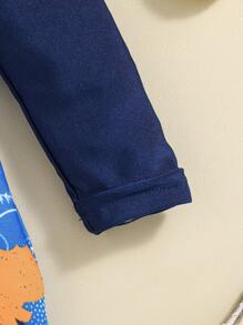 SHEIN Traje De Baño De Una Pieza De Manga Larga Para Bebé Con Patrón De Dinosaurio De Caricatura Y Bloque De Color - Azul - Ver 3