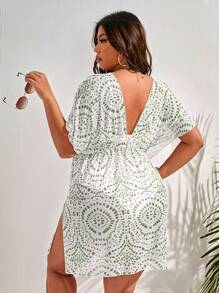 SHEIN Clasi Plus Size Women's Tie-Dye Waist-Cinched Cover Up Dress, Short Sleeve Cruise Outfit Beach Outfit Vacay Vibe Summer - Olive Green - View 2