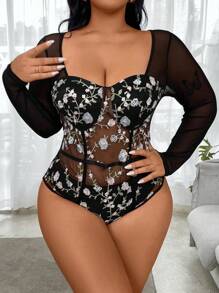 SHEIN LUNE 大码女式花卉刺绣网眼心形领紧身衣 - 黑色 - 查看 3