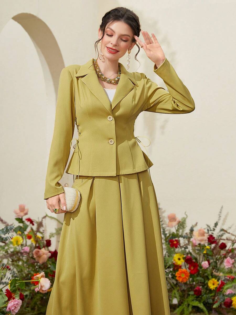 Modelyn Conjunto De Traje De Solapa Con Cuello De Solapa unicolor De Un Solo Pecho - Amarillo - Ver 1