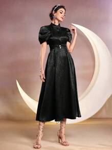 Modelyn Jacquard Stand Collar A-Line Casual Dress With Cinching Waist