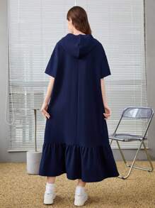 SHEIN Teen Girl Casual Dress With Letter Print, Patch Pocket, Ruffle Trim Hem - Royal Blue - View 2