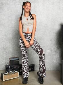 SHEIN Teen Girl Knitted Ribbed Hollow Out Cropped Tank Top & Bell Bottoms Set With Wavy Print, Casual Outfits