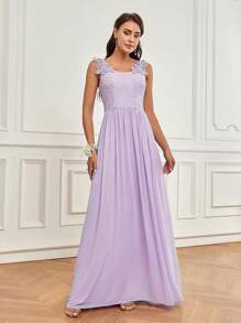 SHEIN Belle Vestido elegante y romántico de orquídea liviana de color rosa púrpura para mujer con tela de gasa plisada y dobladillo asimétrico elegante con encaje de contraste y diseño de apliques, adecuado para la temporada de bodas, festivales de música, el Día de las Madres y vestido de dama de honor (talla adulta) - Púrpura malva - Ver 7