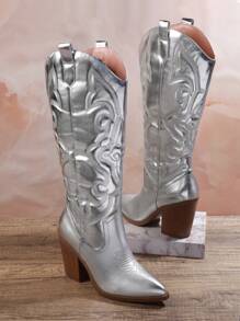 SHUZIA Women's Silver Fashionable Mid-Calf High Heel Boots - Silver - View 6