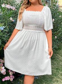SHEIN SunnyBelle 大尺碼蕾絲拼接方領後拉鍊擴腳裙 - 白色 - 查看 5