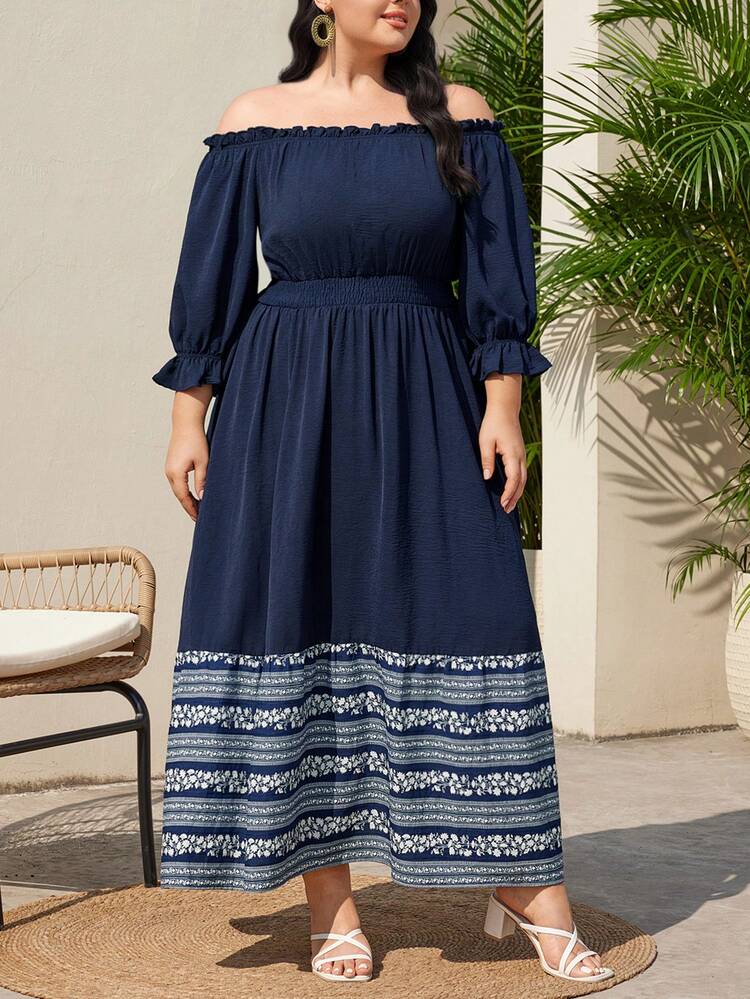 Plus Size Open Shoulder Flared Sleeve Dress