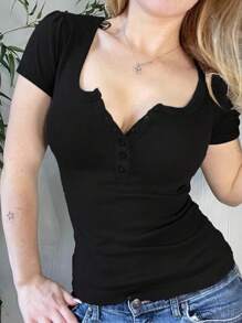 INAWLY 女款純色半排扣修身短袖t恤 - 黑色 - 查看 4