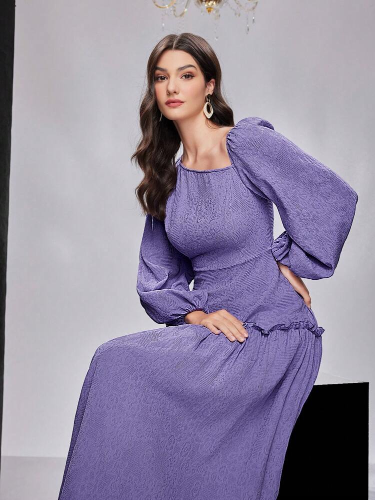 Women's Asymmetrical Neckline Lantern Sleeve Jacquard Dress Long Evening Dresses