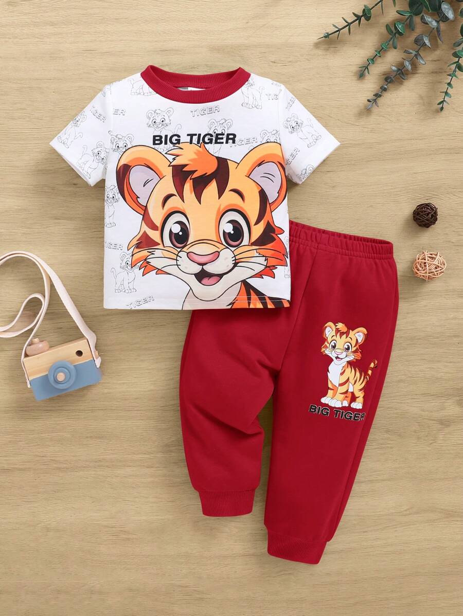 SHEIN Cartoon Tiger & Letter Graphic Short Sleeve Colorblocked T-Shirt And Long Pants Set For Baby Boy - Red - View 1