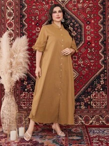 Seusyu Plus Size Stand Collar Bell Sleeve Shirt Dress - Brown - View 5