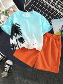 SHEIN 2入組休閒舒適簡約實用的年輕男孩服裝,漸變聚酯t恤與植物圖案及拼接短褲,透氣柔軟,適用於春夏假期與休閒時光 - 彩色 - 查看 2