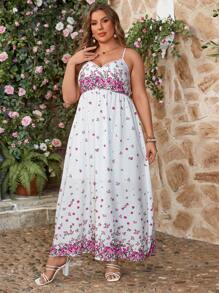 SHEIN VCAY Vestido De Talla Grande Con Estampado Floral Y Estilo De Vacaciones Con Tirantes Al Cuello