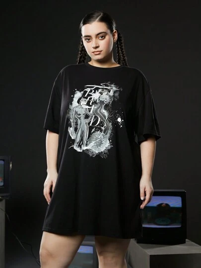 DC Women Core X SHEIN 加大碼卡通人物圖案垂墜肩連衣裙