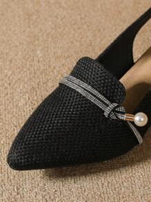 Mules De Moda Con Punta Puntiaguda Y Tacón Grueso, Detalle De Cadena De Diamantes Y Espalda Abierta Para Mujer - Negro - Ver 4