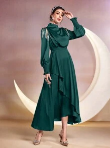 Modelyn 女款阿拉伯風格疊領流蘇袖下擺拼佈設計連身裙