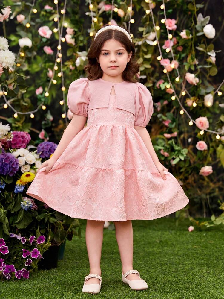 Young Girl Style Two-Piece Dress Set With Round Neck Bubble Sleeves Crop Cape And Floral Jacquard Dress