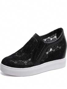 女士楔形高跟厚底運動鞋,鞋帶透氣休閒鞋,隱形增高運動鞋 - 黑色 - 查看 4