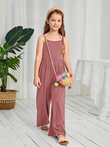 SHEIN Tween Girl Knit Solid Color Casual Jumpsuit With Spaghetti Straps - Pink - View 7