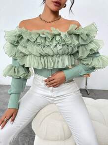 SHEIN Privé Off-Shoulder Tiered Ruffle Trimmed Blouse - Dark Green - View 6