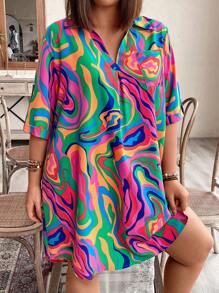 Calvaya Kích thước lớn In Cổ chữ V Ngắn tay Đầm - Màu Hồng Tươi - Xem 4