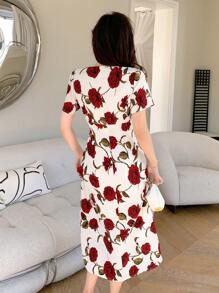 DAZY Bubble Sleeve & V-Neck Short Sleeve Chiffon Dress With Large Floral Print Sundress