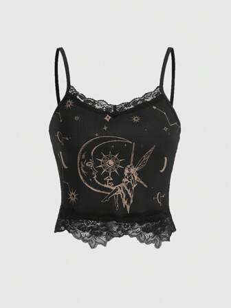 Hippie Sun & Moon Graphic Contrast Lace Cami Top