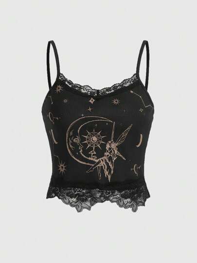 Hippie Top de tirantes con estampado de sol y luna con encaje en contraste