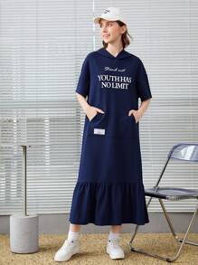 SHEIN Teen Girl Casual Dress With Letter Print, Patch Pocket, Ruffle Trim Hem - Royal Blue - View 4
