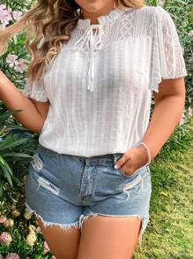 Flirla Kích thước lớn Nếp uốn Cà vạt Mảnh Lace Áo sơ mi - trắng - Xem 6