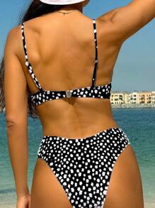 SHEIN Swim 夏季海灘女士小花緻密提花比基尼套裝，內墊 - 黑色 - 查看 2