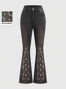 ROMWE Goth Women's Flare Jeans With Glitter Decoration - Dark Grey - View 1
