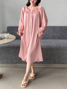 DAZY Nút-Mặt trước Xa ten ÁO choàng mặc nhà Với Viền Ruffle Và Ruy băng Chi tiết Đối với Nhà  Mặc - Bụi hồng - Xem 4