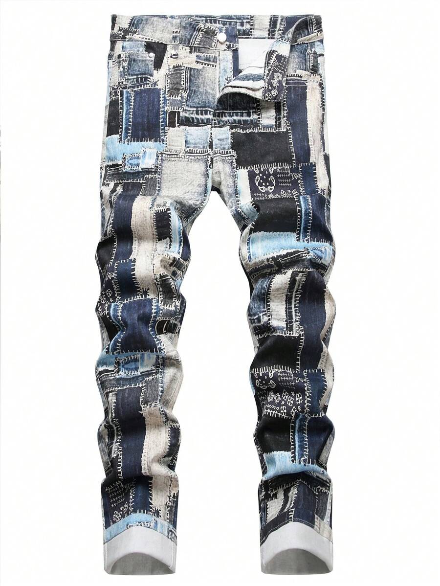 Men's Patchwork Print Casual Jeans - Multicolor - View 1