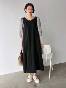 FRIFUL 女士條紋拼接中長款連衣裙 - 黑色 - 查看 2