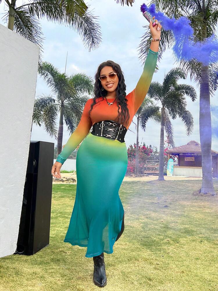 Plus Size Women's Gradient Long Sleeve Mesh Dress