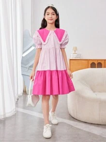 SHEIN Tween Girls' Loose Cute School Daily Color Block Bubble Sleeve Midi Dress