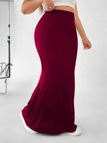 SHEIN Coolane Plus Size Solid Color Stretchy High Waist Mermaid Hem Skirt - Burgundy - View 4
