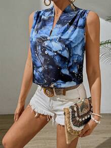 SHEIN Essnce Của phụ nữ Hoa văn đá cẩm thạch Không tay Áo sơ mi Với Vai - Màu xanh lam - Xem 5