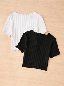 SHEIN 青少年女孩針織純色愛心空心紋t恤,2入組 - 黑色 - 查看 2