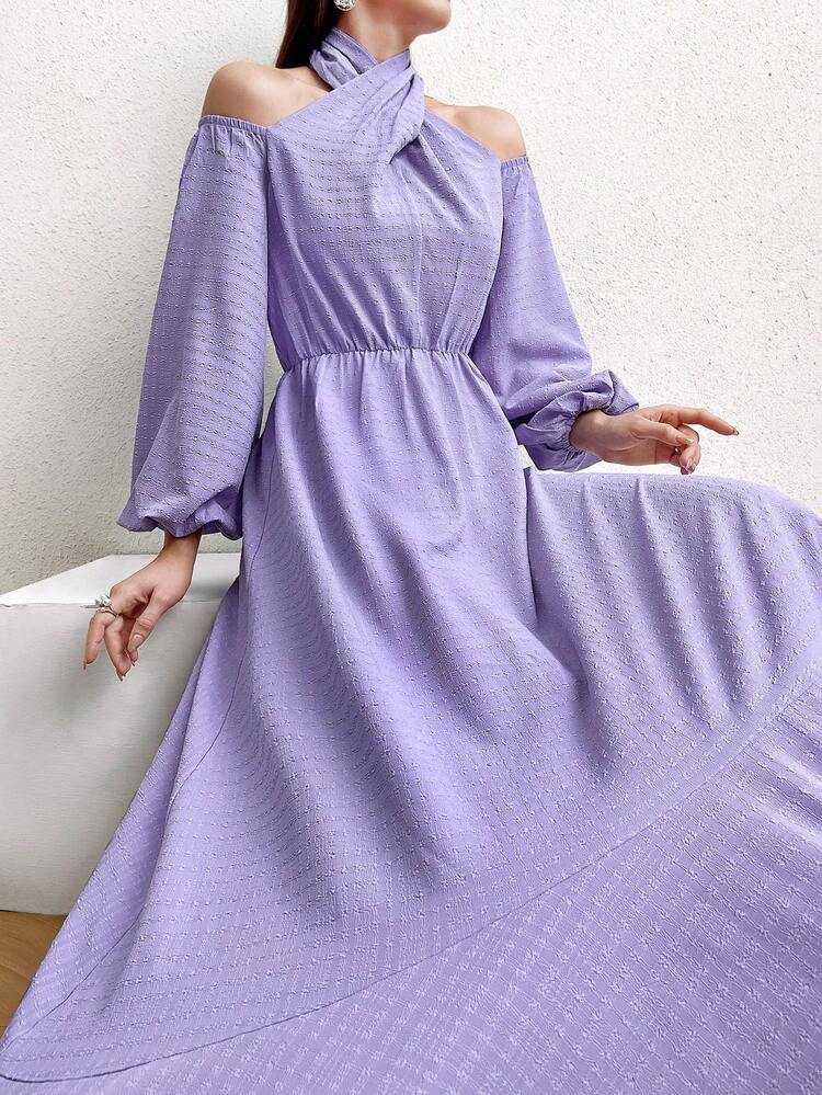 Women's Open Shoulder Lantern Sleeve Solid Color Dress Long Evening Dresses